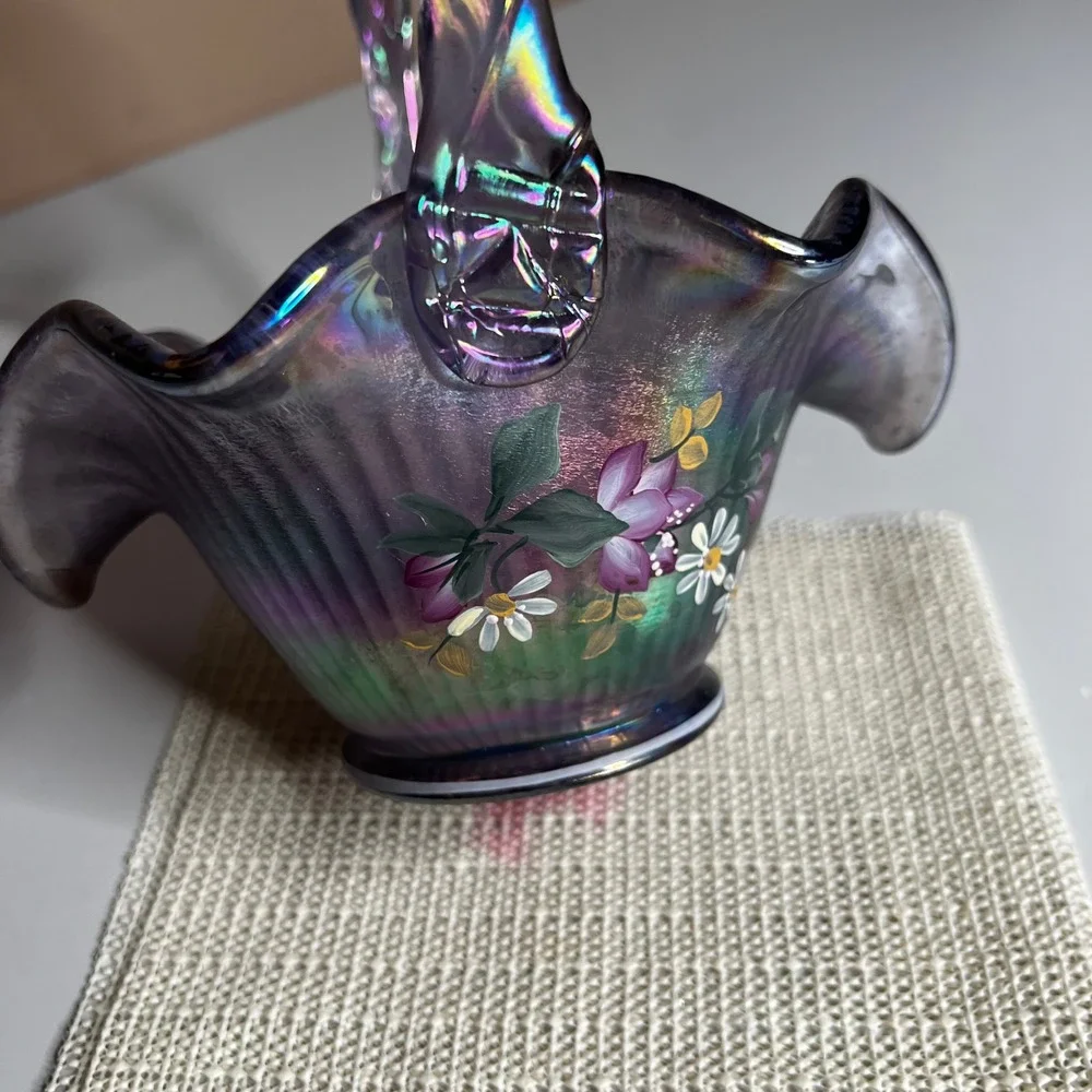 Fenton Purple Carnival‎ Glass Basket Hand Painted Floral Signed D Robinson 8